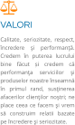 VALORI Calitate, seriozitate, respect, încredere şi performanţă. Credem în puterea lucrului bine făcut și credem că performanţa serviciilor şi produselor noastre înseamnă în primul rand, susţinerea afacerilor clienţilor noştri; ne place ceea ce facem şi vrem să construim relatii bazate pe încredere şi seriozitate.