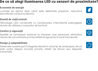 De ce să alegi iluminarea LED cu senzori de proximitate? Economie de energie  Luminile se aprind doar când este detectată prezența, reducând semnificativ consumul electric.  Durată de viață extinsă  Tehnologia LED combinată cu funcționarea intermitentă prelungește durata de utilizare a corpurilor de iluminat.  Confort și siguranță Spațiile se luminează automat la trecerea unei persoane, eliminând nevoia de comutatoare și îmbunătățind siguranța în zone întunecate.  Design și adaptabilitate Sistemele noastre pot fi integrate discret în orice tip de amenajare, fie că este vorba despre locuințe private, clădiri de birouri sau depozite industriale.